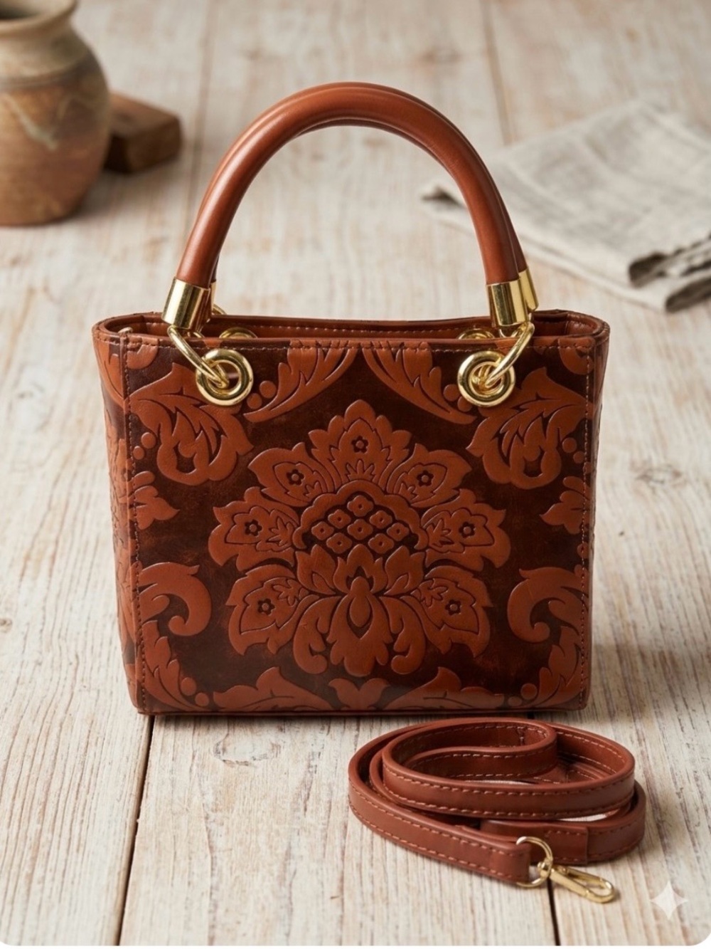 Unknown Beautiful Brown Embossed Mini Top-Handle Bag with Gold Hardware